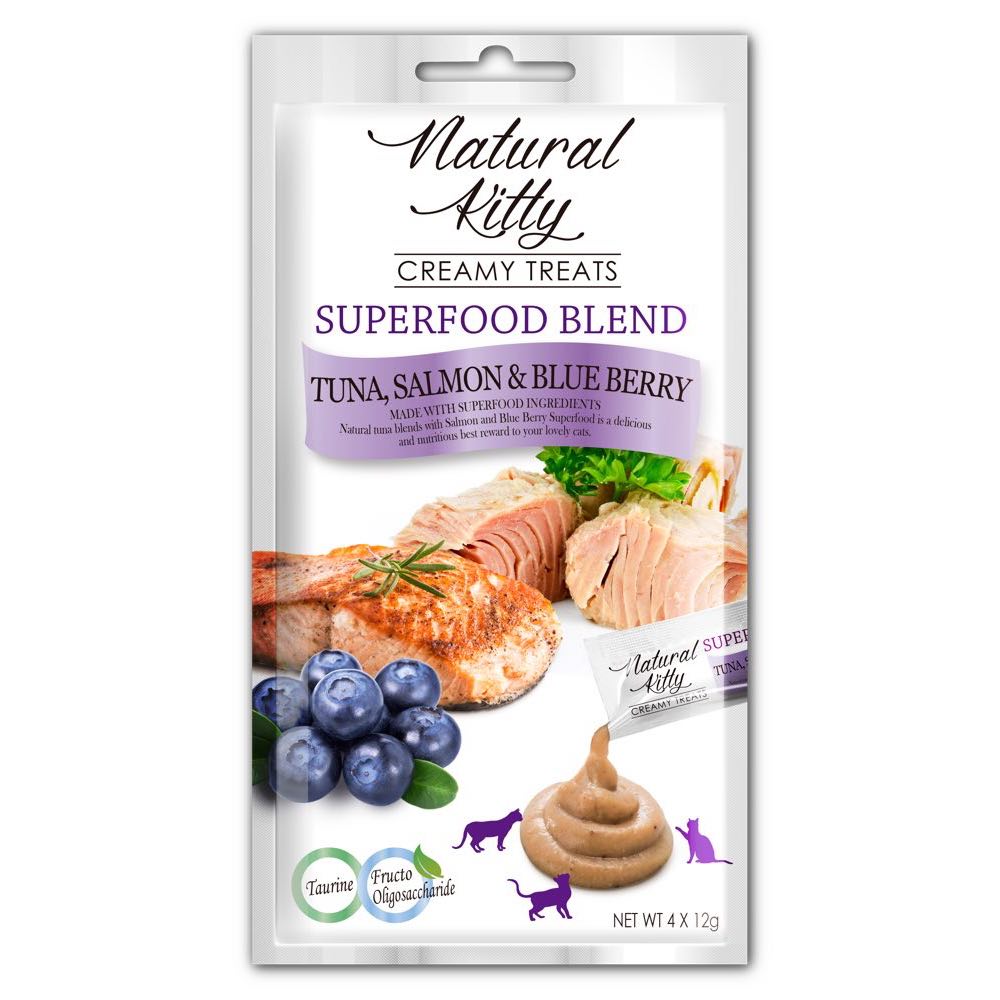 "25% OFF : Natural Kitty Superfood Blend Tuna, Salmon & Blueberry Creamy Liquid Cat Treats 48g"