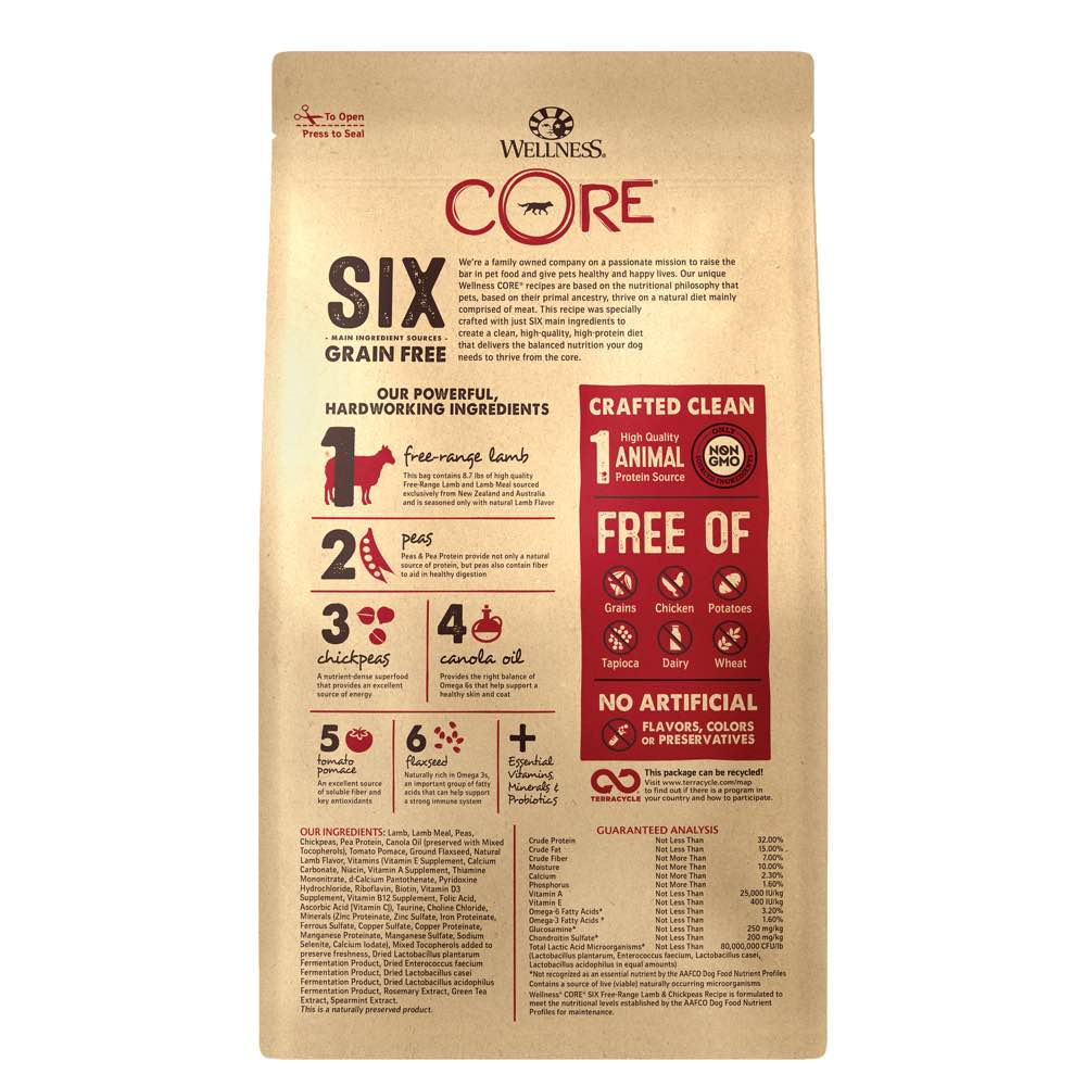 Wellness Core Six Free-Range Lamb & Chickpeas Grain Free Dry Dog Food 22lb