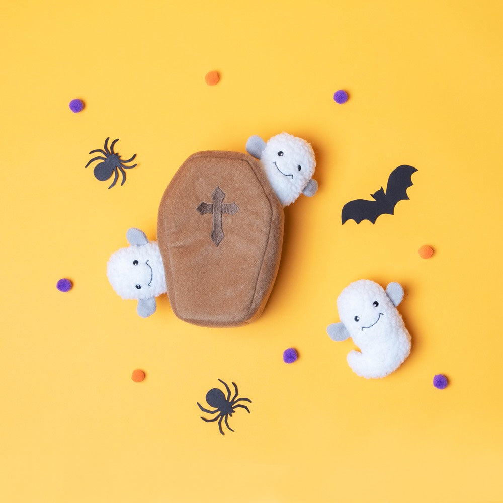 ZippyPaws Zippy Burrow Coffin With Ghosts Dog Toy
